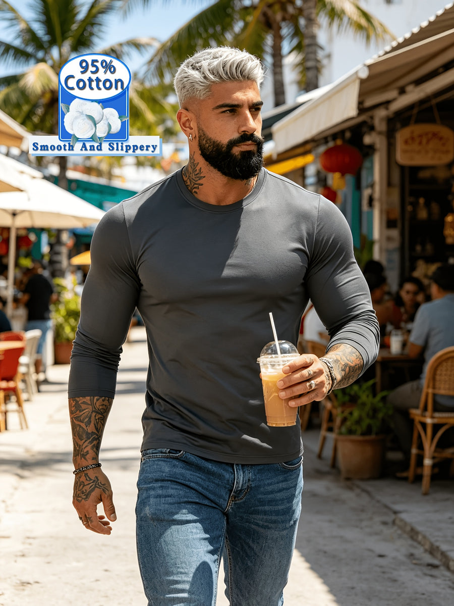 New Spring/Summer Men's Top, Fashionable Sporty Cotton Crew Neck Long Sleeve, Casual and Comfortable, Lightweight Summer Outerwear, Trendy Style - Grey