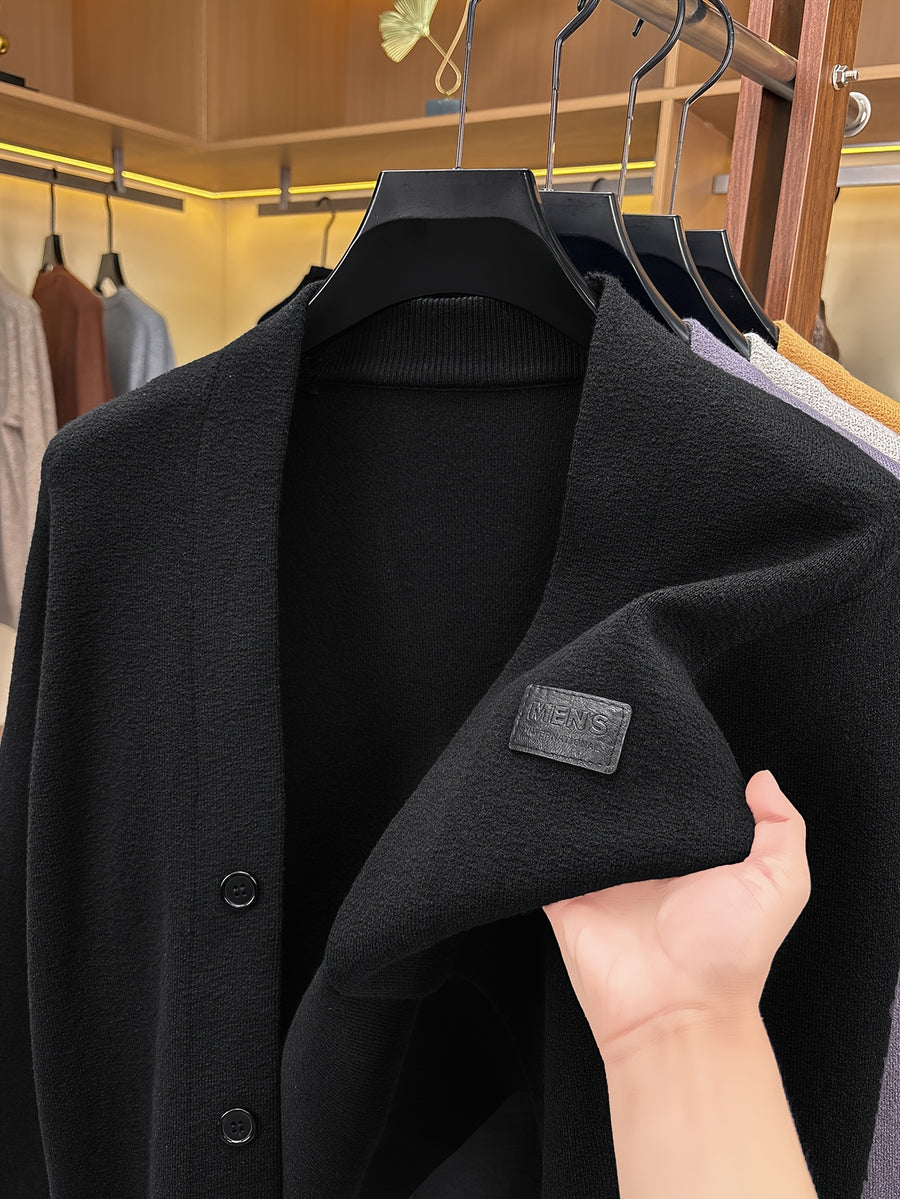 1pc Spring Autumn Men'S V-Neck Cardigan Knit Jacket Single Fake Button Cardigan Sweater Easy All-Match Casual Outerwear Knit Top - Black