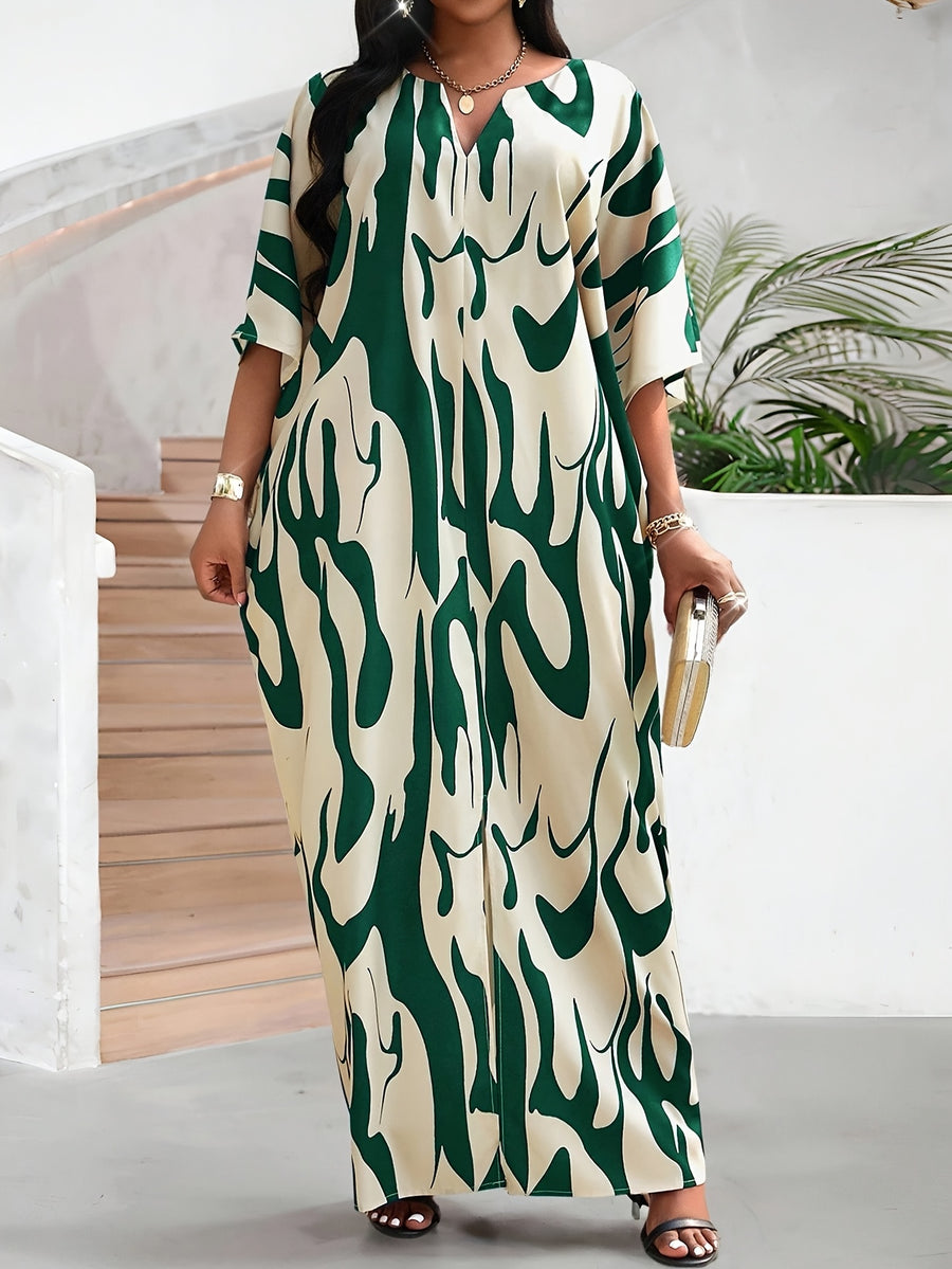 Women's Middle Eastern Robe, Casual and Comfortable V-Neck Loose Long Tunic with Slit for Beach Vacation Cover-Up Dress - Dark Green