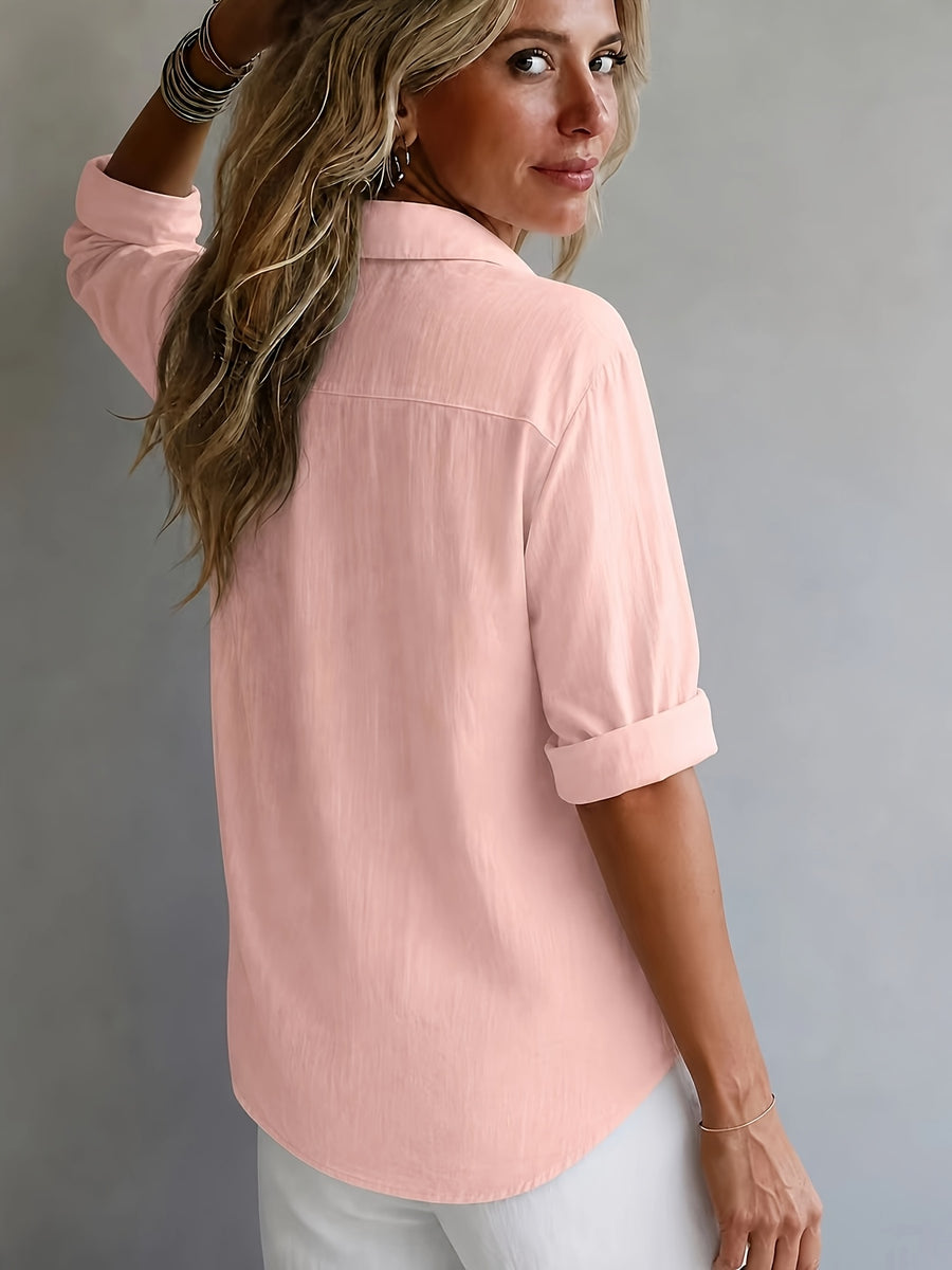 Multi-Color Available Taxi Direction New Stunning Elegant Style Solid Color POIO Collar Long Sleeve Spring Autumn All-Season Versatile Shirt - Pink Color