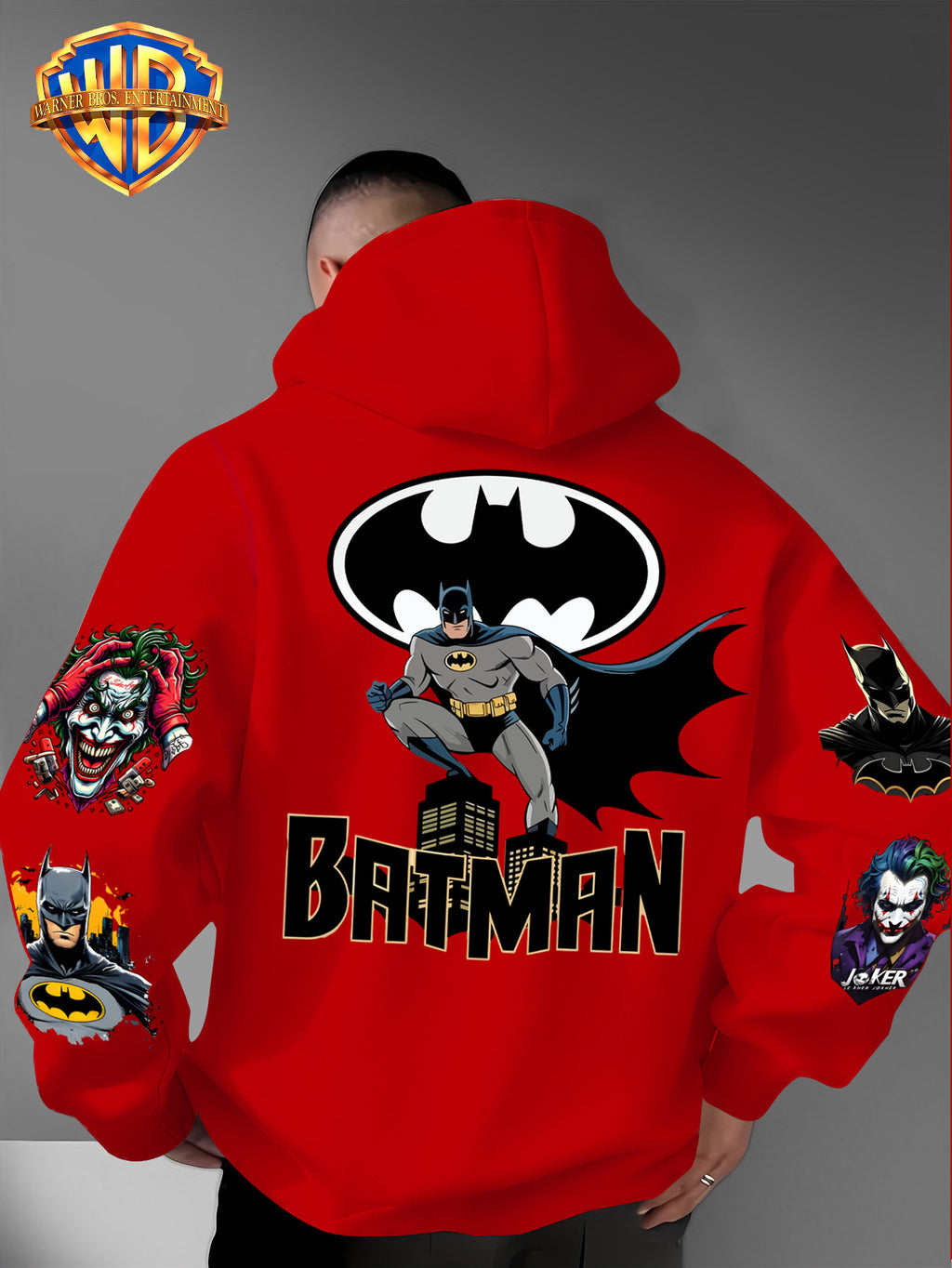 DC Batman Joker IP Official Hooded Sweatshirt with Gotham Crouching Batman on the Back + Bat Logo Themed Print, Drawstring Loose Hoodie, Wear-Resistant and Wash-Resistant Autumn/Winter Trendy Top - Red