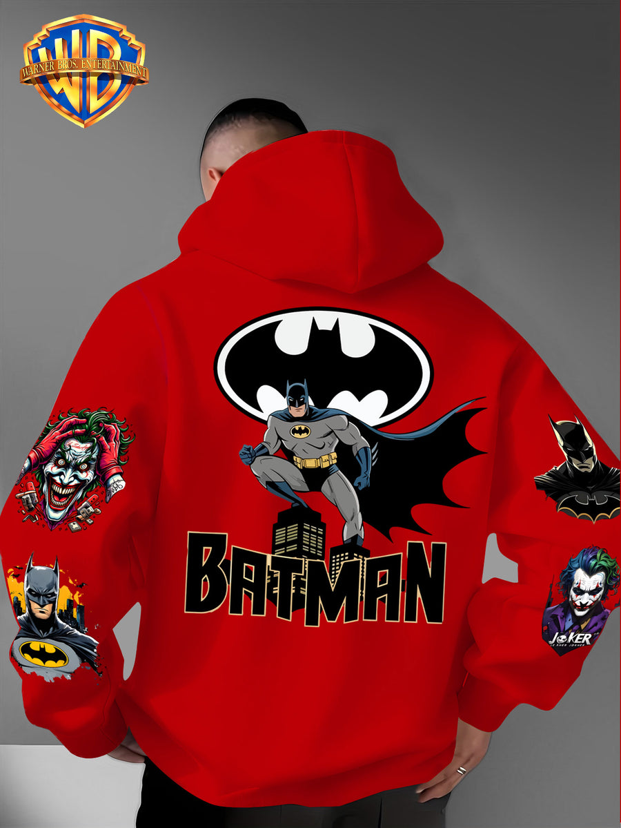 DC Batman Joker IP Official Hooded Sweatshirt with Gotham Crouching Batman on the Back + Bat Logo Themed Print, Drawstring Loose Hoodie, Wear-Resistant and Wash-Resistant Autumn/Winter Trendy Top - Red