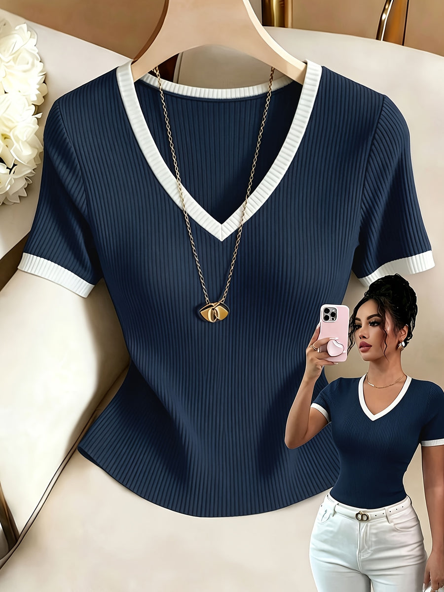 Summer New Ribbed Short Sleeve V-Neck White Lace Trim Slim Regular Length T-Shirt Top Women'S - Navy Color