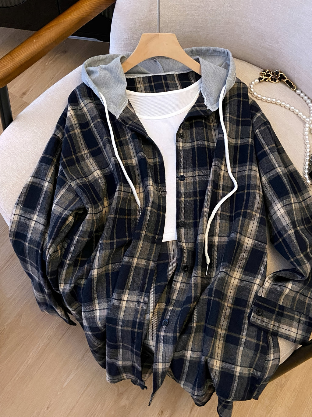 Plus Size, Spring Women's New Arrival Clothing, Autumn Women's Fashion Casual Wear, Plaid Hooded Long-Sleeve Shirt, Plus Size Women's Shirt, Oversized Top, Autumn Hooded Cardigan, Fashion Plaid Shirt, Korean Style Women's Clothing, Women's Winter - Blue