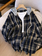 Plus Size, Spring Women's New Arrival Clothing, Autumn Women's Fashion Casual Wear, Plaid Hooded Long-Sleeve Shirt, Plus Size Women's Shirt, Oversized Top, Autumn Hooded Cardigan, Fashion Plaid Shirt, Korean Style Women's Clothing, Women's Winter - Blue