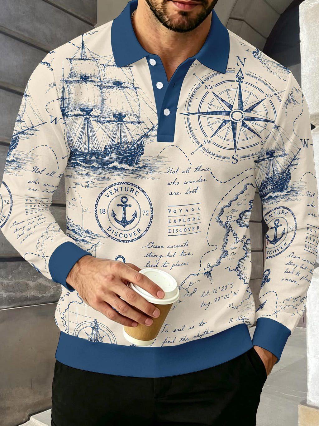 Men's Contrast Color Long Sleeve Polo Shirt, Lapel Collar Three-Button Casual Top with Vintage Nautical Manuscript Print, Versatile Men's Apparel for Spring/Autumn Business Commuting and Golf, Surprise Birthday/Holiday Gift for Young Men - Mixed Color B