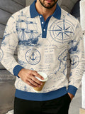 Men's Contrast Color Long Sleeve Polo Shirt, Lapel Collar Three-Button Casual Top with Vintage Nautical Manuscript Print, Versatile Men's Apparel for Spring/Autumn Business Commuting and Golf, Surprise Birthday/Holiday Gift for Young Men - Mixed Color B