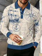 Men's Contrast Color Long Sleeve Polo Shirt, Lapel Collar Three-Button Casual Top with Vintage Nautical Manuscript Print, Versatile Men's Apparel for Spring/Autumn Business Commuting and Golf, Surprise Birthday/Holiday Gift for Young Men - Mixed Color B