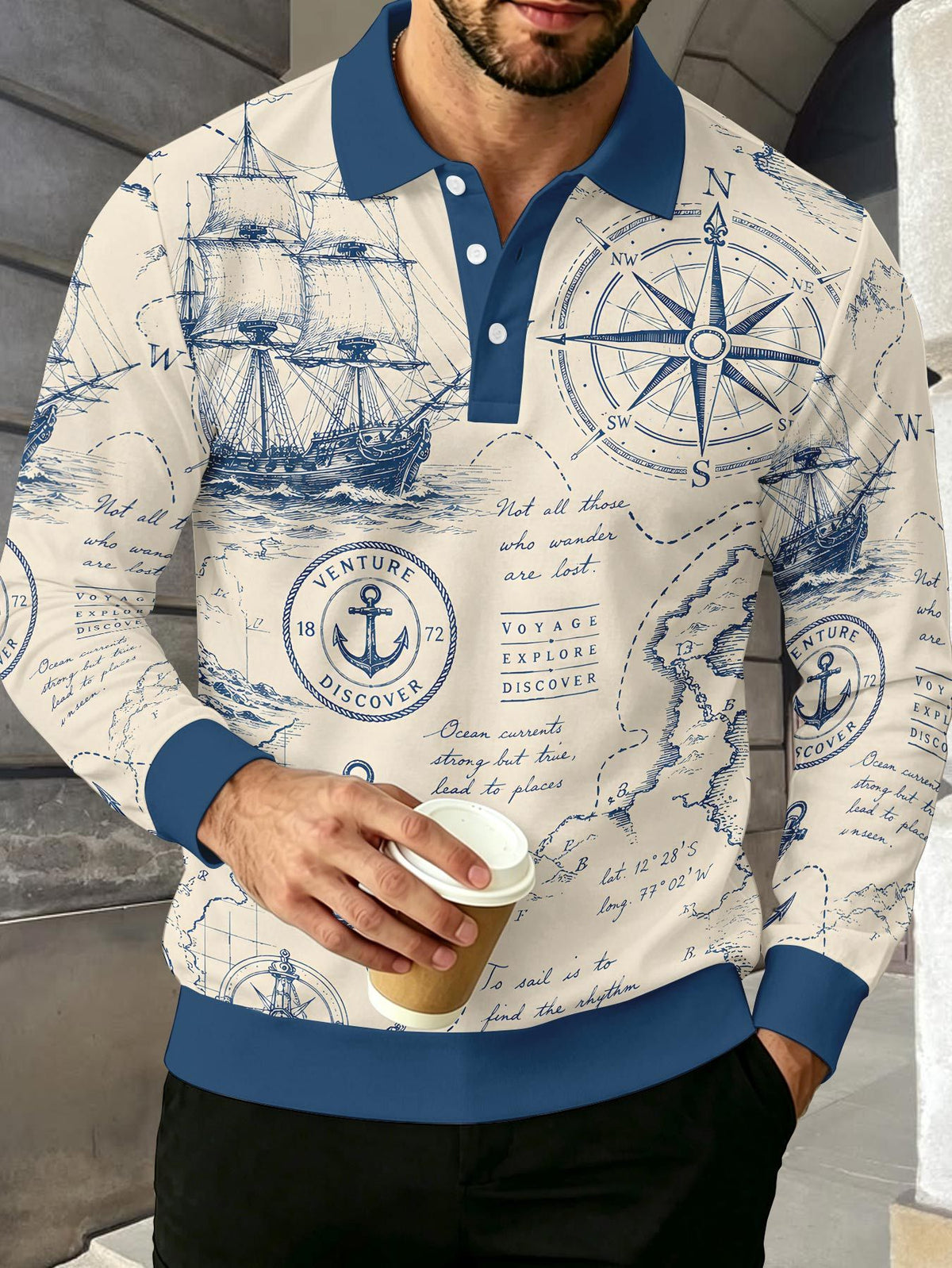 Men's Contrast Color Long Sleeve Polo Shirt, Lapel Collar Three-Button Casual Top with Vintage Nautical Manuscript Print, Versatile Men's Apparel for Spring/Autumn Business Commuting and Golf, Surprise Birthday/Holiday Gift for Young Men - Mixed Color B