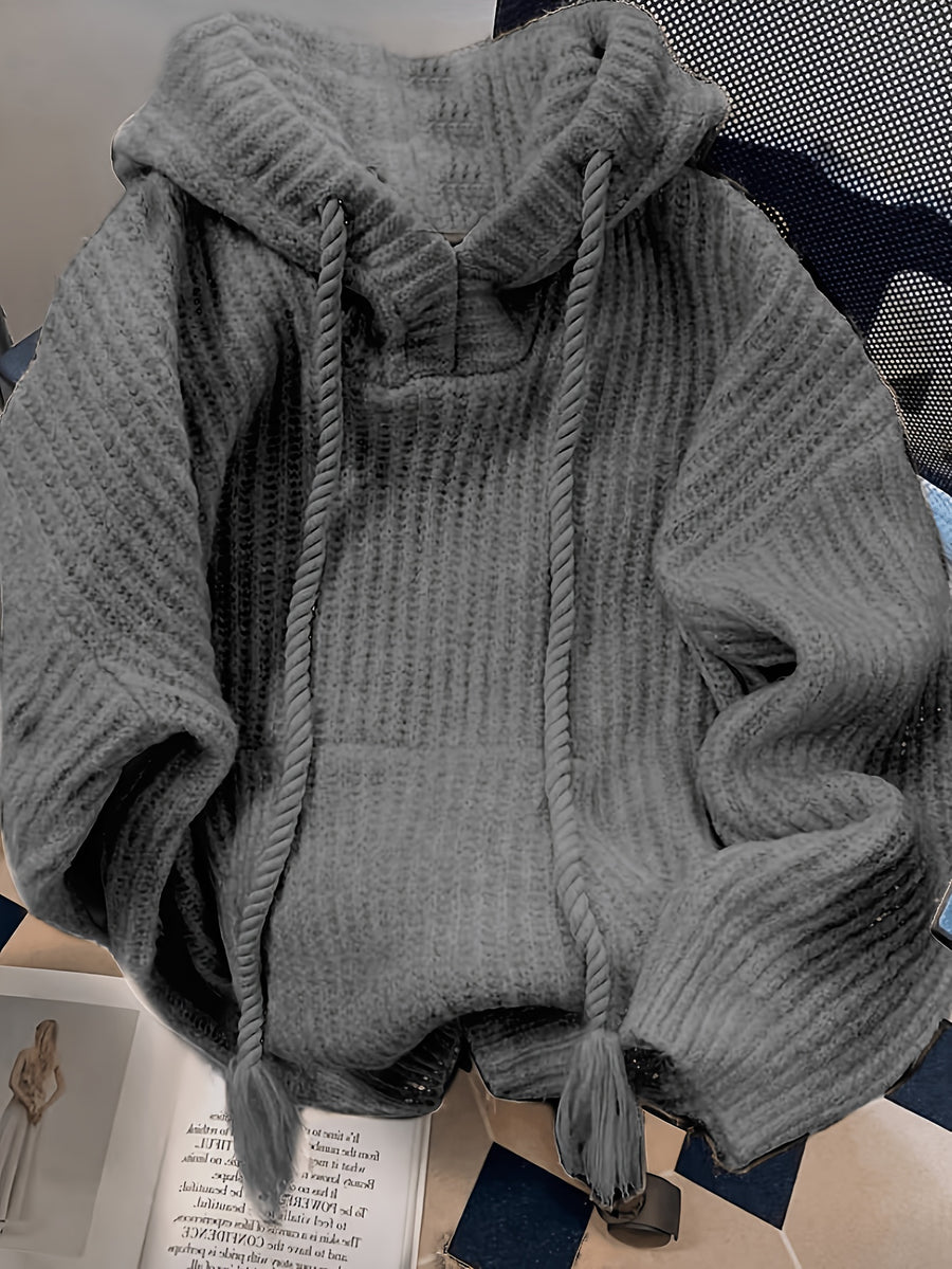 Hooded Chunky Cable- Sweater with Coarse Ribbed Texture, Tassels, Drawstring, Vertical Ribbed Detailing, and a Relaxed Fit. This Long-sleeve Pullover Features a Simple, Casual Design for a Laid-back and Effortless Look - Grey