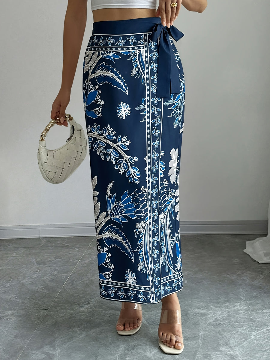 Women's Elegant Floral Print Wrap Tie Straight Skirt, Vacation Style - Navy Color