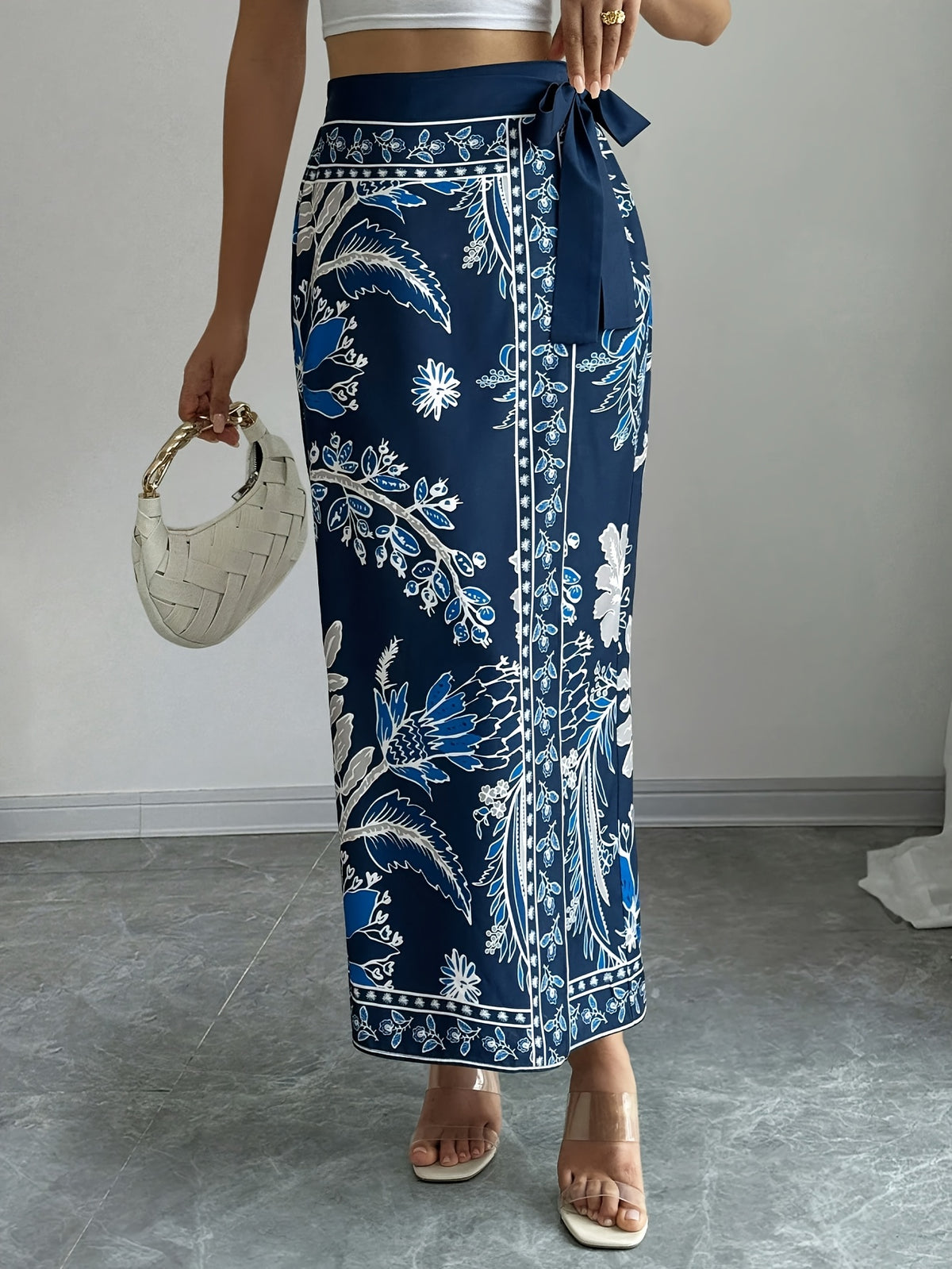 Women's Elegant Floral Print Wrap Tie Straight Skirt, Vacation Style - Navy Color