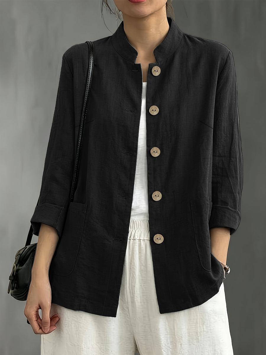 Chinese Style Small Lapel Three-Quarter Sleeve, Relaxed Style Breathable Casual Vacation All-Match Jacket - Black