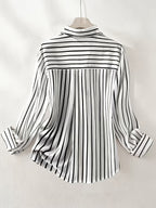 Spring/Autumn New Elegant Striped Long-Sleeve Women's Shirt, Single-Breasted Button-Front Blouse, Machine Washable, Suitable for Office, Commuting, or Formal Events, Office Attire, Sophisticated Casual - Black And White Stripes