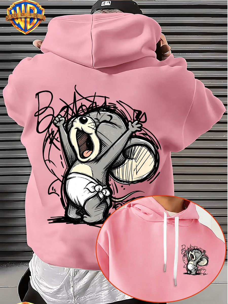 Licensed by Warner Bros., Sketch Style Cute Young Animals, Exuberant Cheering Expression with Casual Graffiti Art Letter Trendy Cool Print Men'S Fashion Hooded Sweatshirt, Sleeve Print Design, Kangaroo Pouch, Drawstring Hood - Pink Color