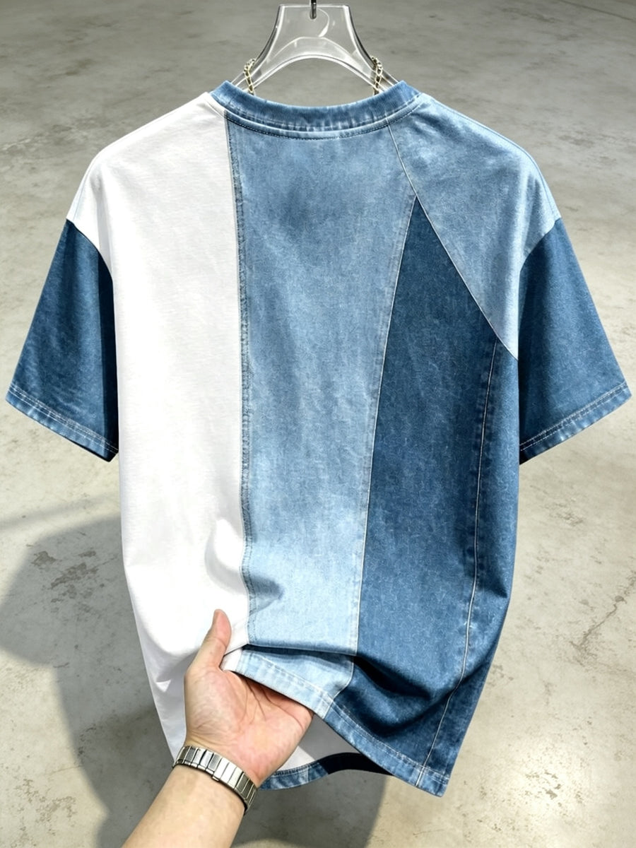 Men's Round Neck Short Sleeved Shirt, Imitation Denim Irregular Contrasting Splicing Print, Suitable for Golf, Basketball, Camping, Fitness And Swimming, Perfect for Art Galleries And Halloween Parties, Ideal Halloween And Christmas Gifts for Men. - Mixed colors