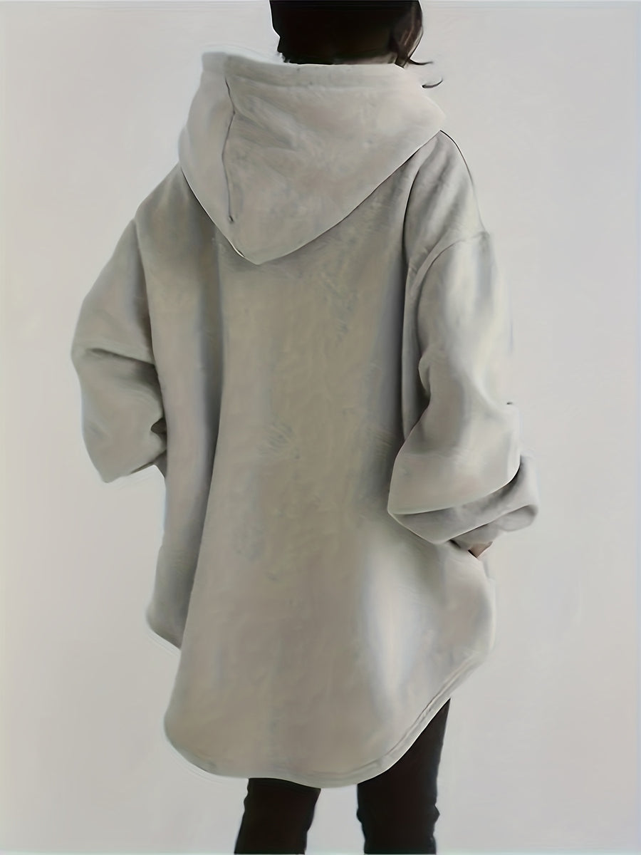 Plus Size, Women's Soft Hooded Sweatshirt - Comfortable Long Bell Sleeve Pullover, Drop Shoulder Design, Autumn Winter Casual , Machine Washable Durable Comfort Fabric - Light Grey
