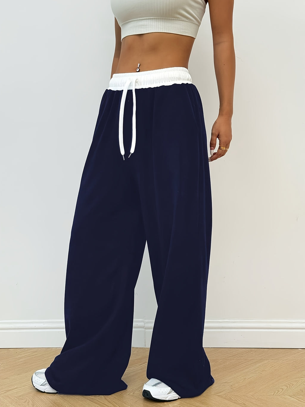 Women's Sport Studio Casual Loose-Fit Color-Block Drawstring Wide-Leg Yoga Pants - Navy Color