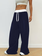Women's Sport Studio Casual Loose-Fit Color-Block Drawstring Wide-Leg Yoga Pants - Navy Color