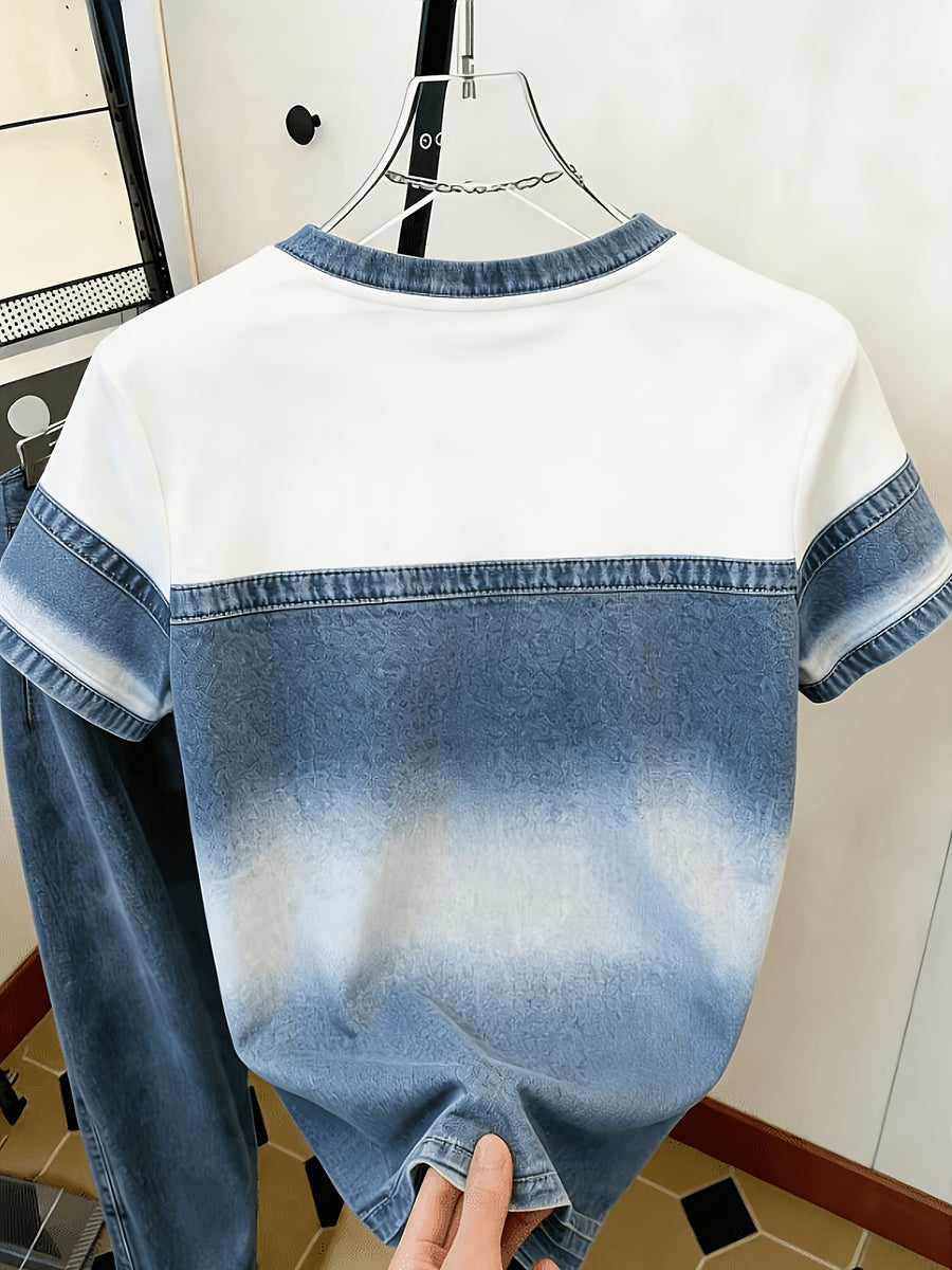 [Printed Pants - Not Denim Fabric]Simulated Denim Patchwork Gradient Washed Texture Printed Short Sleeve Top, White Top with Gradient Blue Denim Fabric Visual Print, Collar And Cuff Denim Print Round Neck T-Shirt, Shop Check-In, Outing - Mixed colors