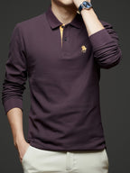 [Saa Xing OBM] 1pc Spring/Autumn New Men'S Polo Shirt, Solid Color Embroidered Half-Button Placket Single-Button Polo Collar Long Sleeve Men'S Fashion Versatile Pullover Base Layer Top, Classic Design, Suitable for Spring, Autumn, Wear - Dark Purple