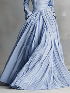 Women'S Thin Stripe Lapel Waist-Cinching Tie-Waist A-Line Maxi Dress, Easy Casual Commute Party Date Versatile Driving, Casual Elegant Bridesmaid Dress - Blue And White