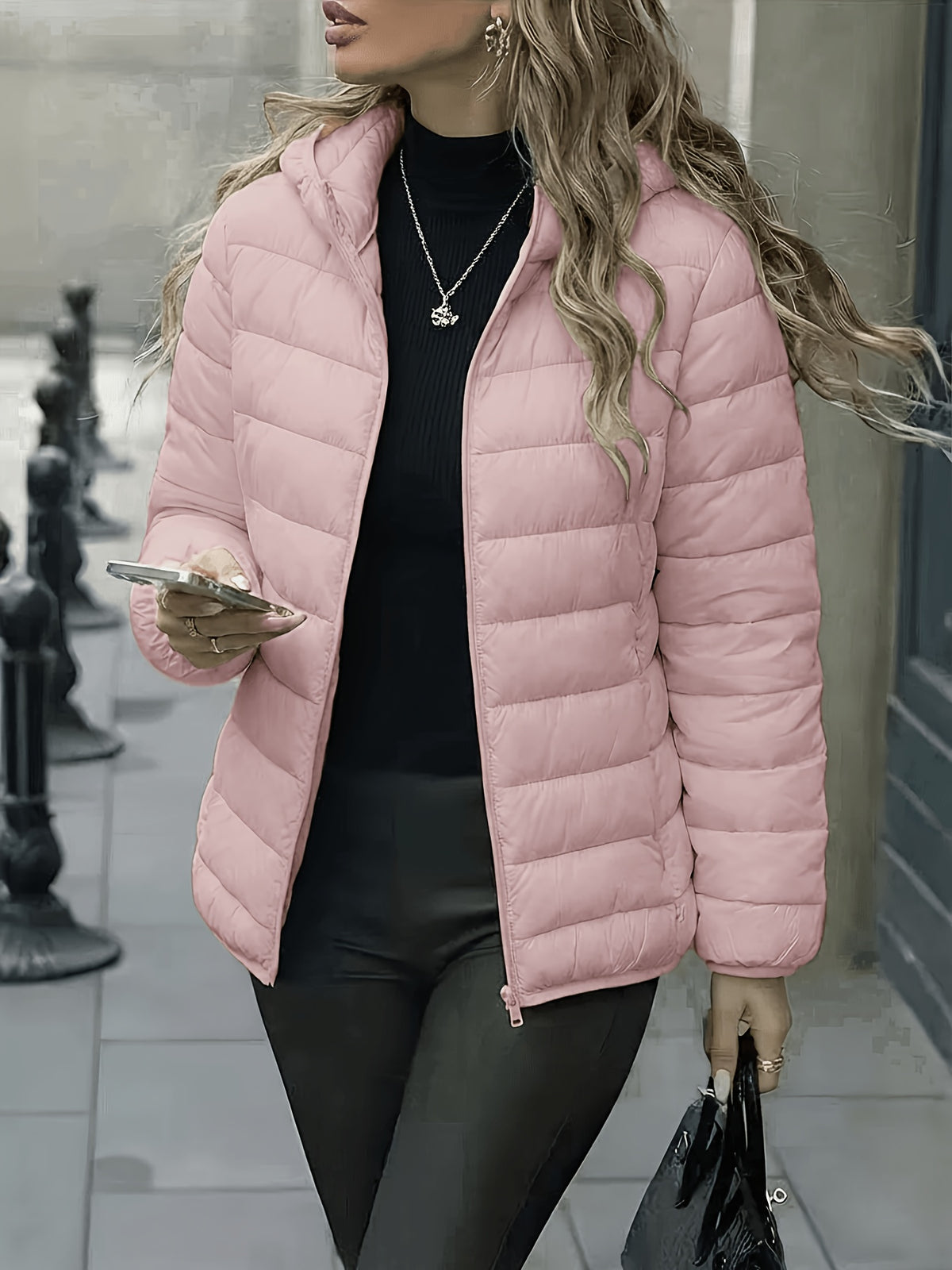 Spring, Autumn, Winter Women's Padded Coat, Fall/Winter Women's Apparel, Hooded Design, Full Zip Front, New Year, Valentine's Day, Popular Korean Top, Suitable for Office, Commuting, Shopping, Simple Outerwear, Coat for Petite Women, High-Quality - Pink Color