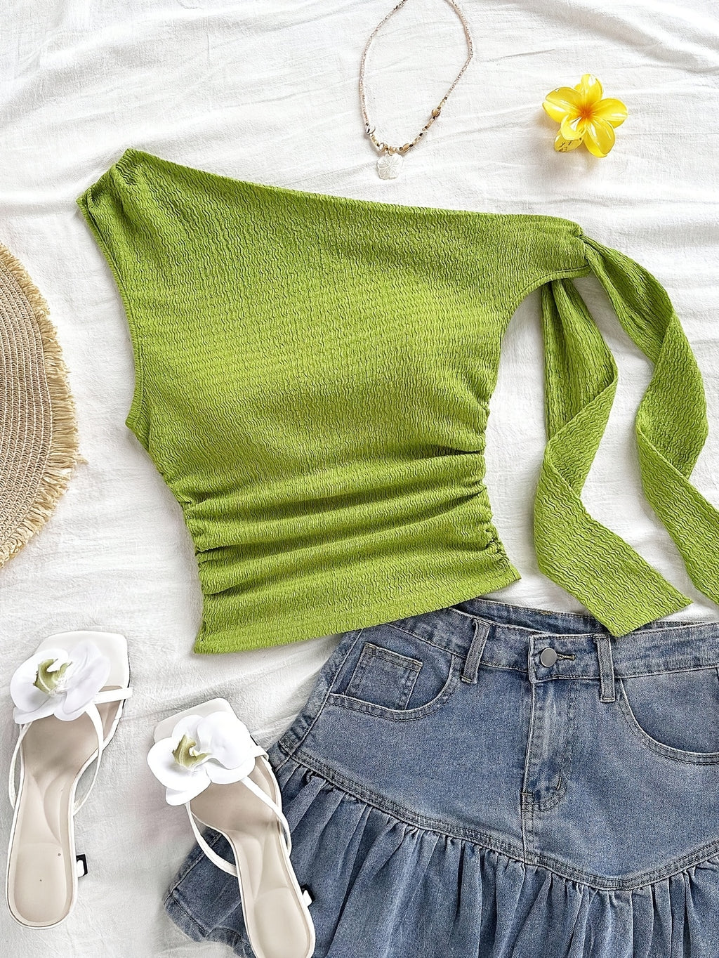Sexy Asymmetrical Tie-Front Flowy Casual Slim-Fit Solid Color Women'S One-Shoulder Top for Spring And Autumn, Perfect for Parties, Vacations, Music Festivals, Bohemian Style, Holiday Dates, And Afternoon Tea - YTD Cherry - Greenish Yellow