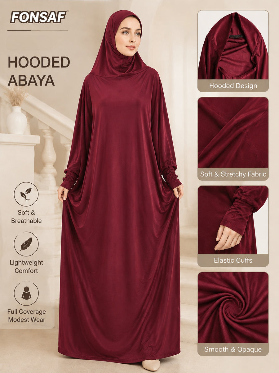 Women'S Elegant Muslim Prayer Robe, with Hood, Solid Color Batwing Long Dress, Loose Flowing Cloak-Style Dress, Suitable for Daily Wear in The Middle East, Also Ideal As an Eid Gift - Deep Red