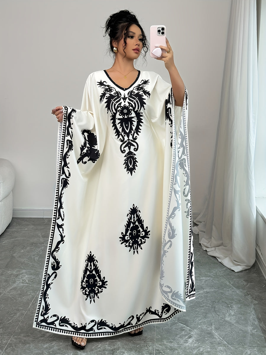 Casual Women's Middle Eastern Ethnic Print Loose Robe - Apricot