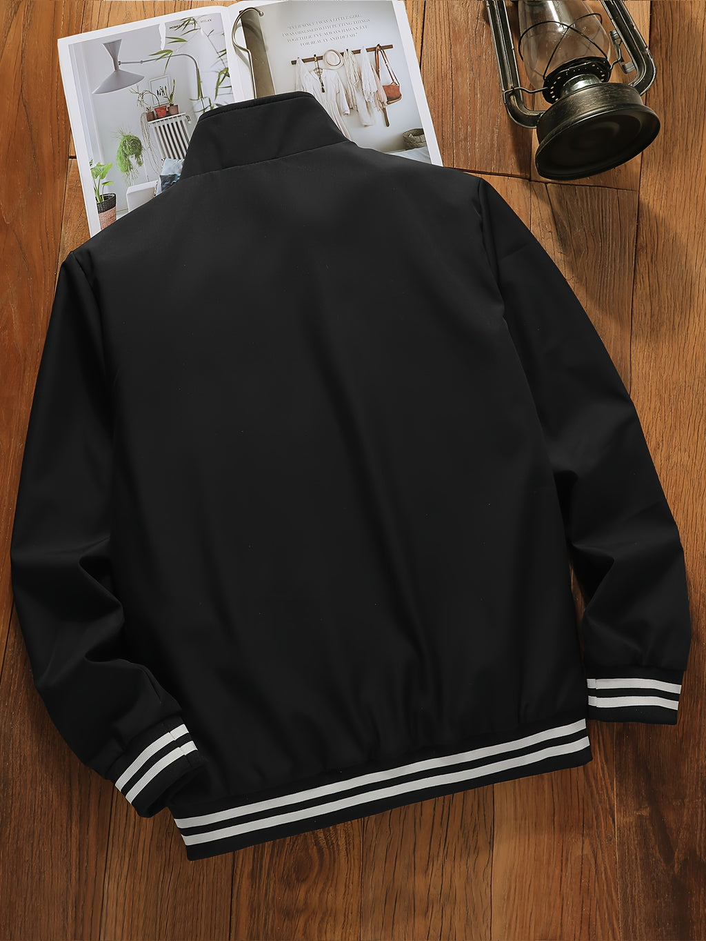 Spring/Autumn New Men's Flight Jacket, Casual Versatile Ribbed Hem Lightweight Stand Collar Coat - Black
