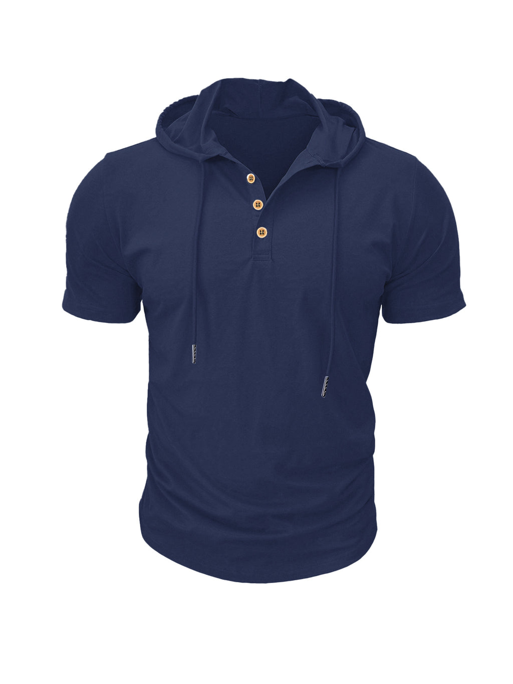 A Single Piece Men'S Casual Hooded Henley Shirt, Lightweight Sports T-Shirt for Summer That Wicks Moisture And Is Breathable, Featuring a Solid Color, Short Sleeves, Button Details at The Neckline, Adjustable Drawstrings for The Hood, Regular Fit - Navy Color