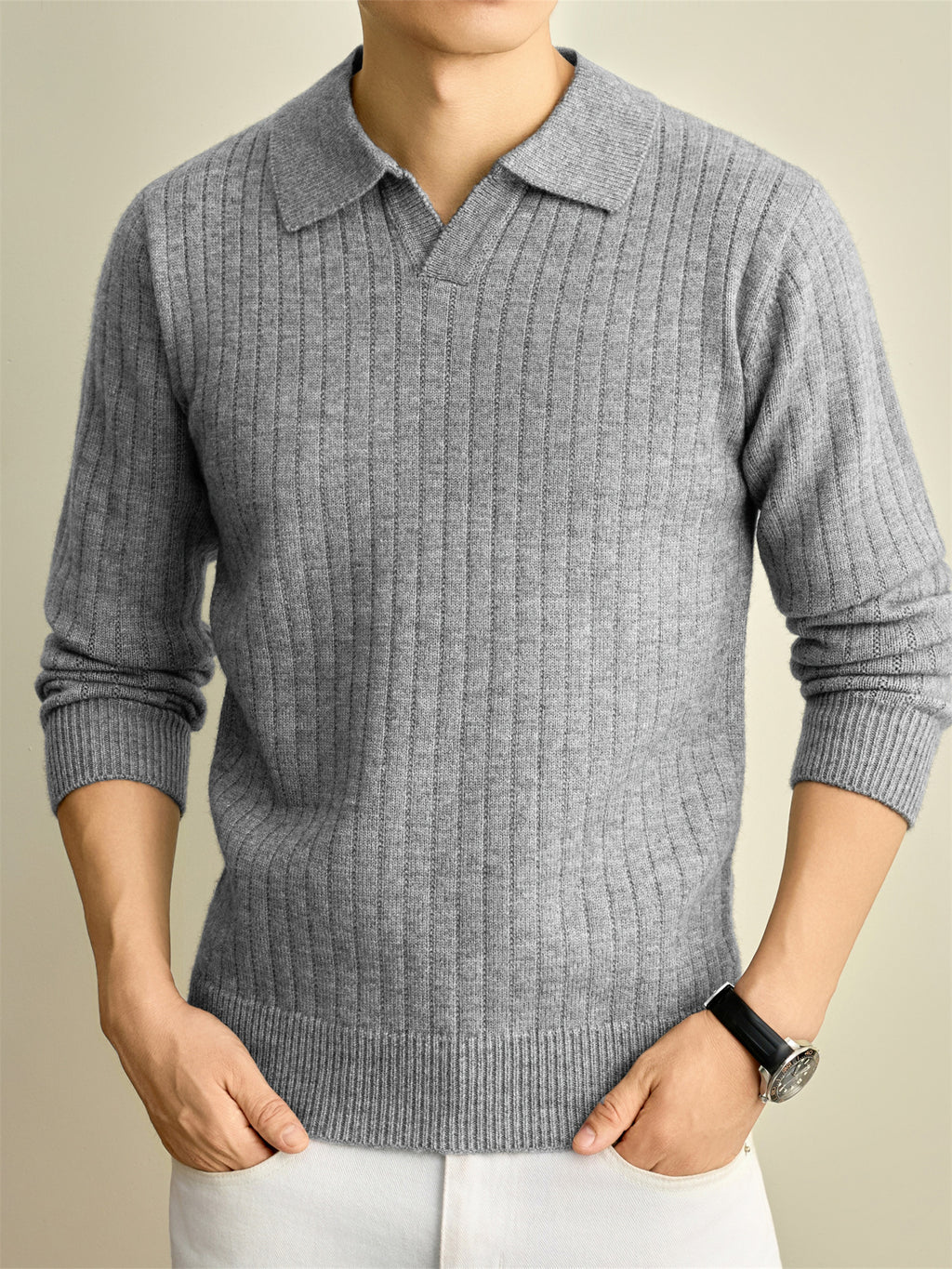 Autumn Winter Knit 3D Solid Color Lapel Polo Sweater, Basic Knit Pullover Top for Men, Fashionable Long Sleeve Sweater, Size S - Light Grey