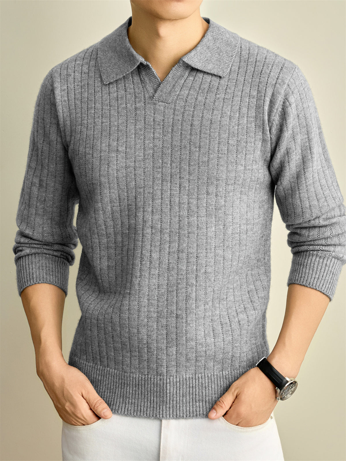 Autumn Winter Knit 3D Solid Color Lapel Polo Sweater, Basic Knit Pullover Top for Men, Fashionable Long Sleeve Sweater, Size S - Light Grey