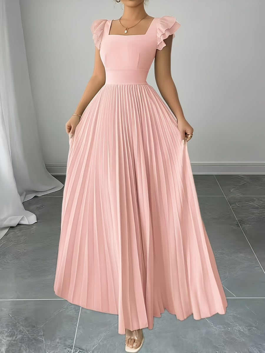 Women'S Elegant Floral Print Pleated Hem Long Dress, Summer - Pink