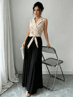 Women's Elegant and Stylish Commuter Brocade Sleeveless Double-Breasted Notched Lapel Waist-Cinching Pleated Pants Jumpsuit for Autumn/Winter - Khaki