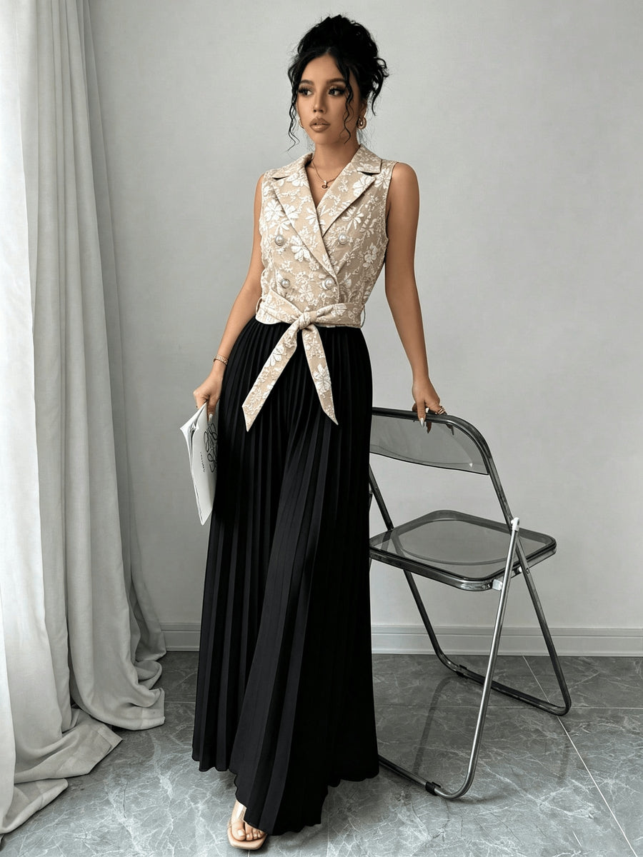 Women's Elegant and Stylish Commuter Brocade Sleeveless Double-Breasted Notched Lapel Waist-Cinching Pleated Pants Jumpsuit for Autumn/Winter - Khaki
