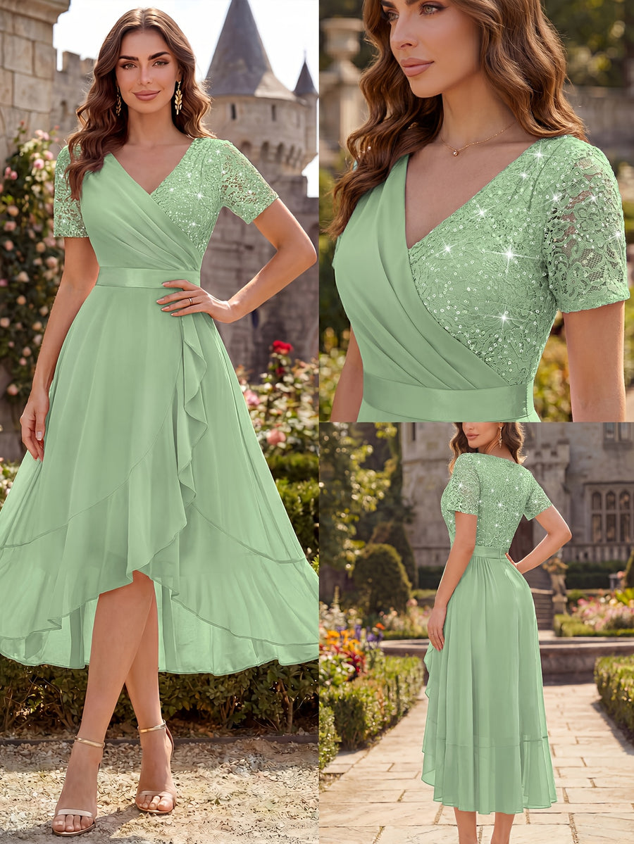 Women'S Elegant V-Neck Lace Chiffon Ruffled Trim Slit Wedding Party Long Dress - Mint Green