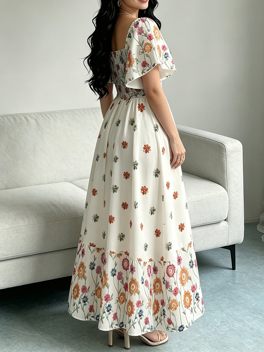 The Summer Floral-Themed Elegant Resort-Style Dress Features a Butterfly Wing Print Design, a Square Neckline And Short Sleeves, Is Equipped with a Waist-Cinching Design, And Has a Moderate Length - Pink