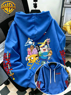 Adventure Time Full Character Cartoon Print Hooded Sweatshirt - Men'S Casual All-Match Pullover, Comfortable Fall/Winter Wear for Sports, Outdoors, Picnics, Travel, Daily/Commute/Home, Perfect Gift for Lovers And Friends - Unisex - Blue