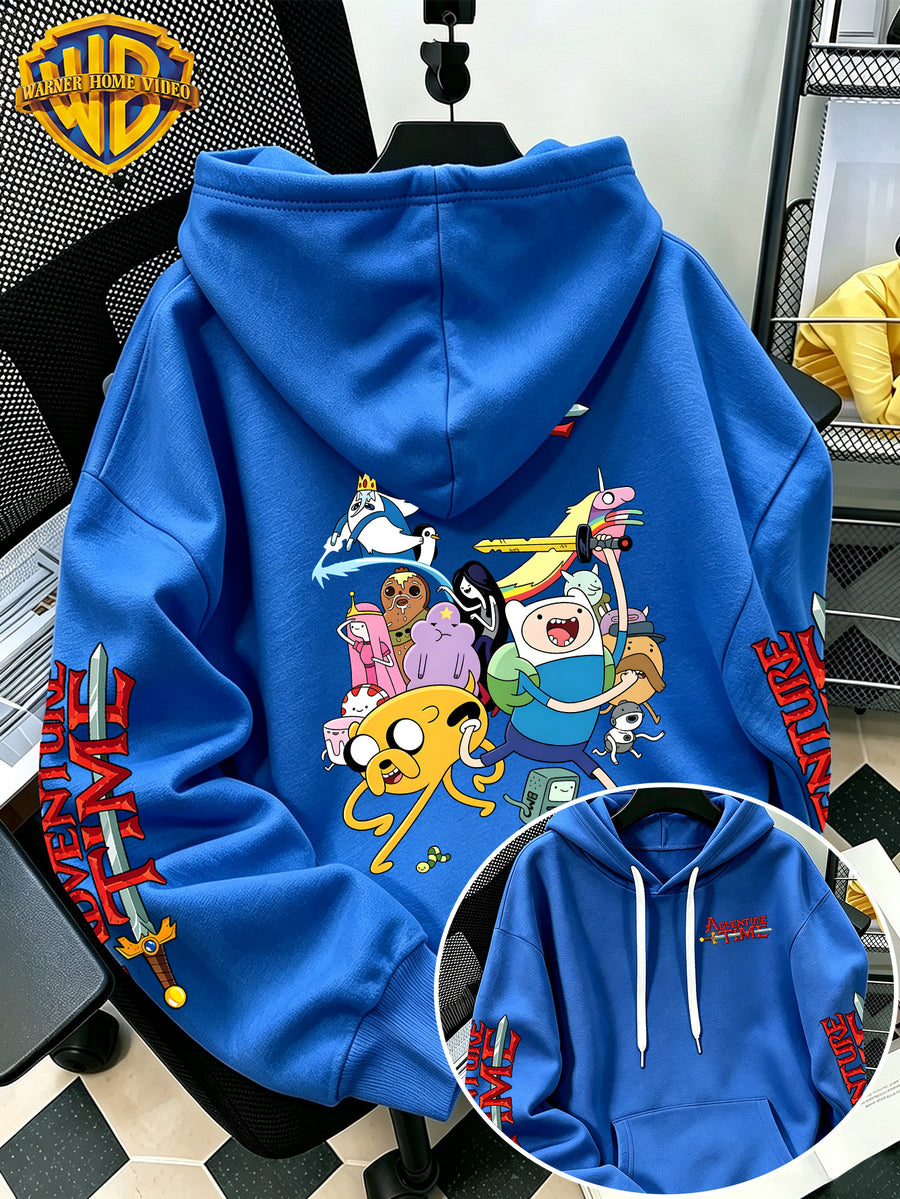 Adventure Time Full Character Cartoon Print Hooded Sweatshirt - Men'S Casual All-Match Pullover, Comfortable Fall/Winter Wear for Sports, Outdoors, Picnics, Travel, Daily/Commute/Home, Perfect Gift for Lovers And Friends - Unisex - Blue