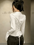 Elegant Women'S Solid Color Shirt, Back Long Sleeve Blouse, Suitable for All Seasons - White