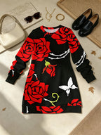 Red Rose Vine Women's Full-Body Print Maxi Dress with Lace Crew Neck - A-Line Straight Hem Long Sleeve Dress Suitable for Commuting, Home, Dating &, Fall/Winter Dress, Hand Washable Non- Traditional Outfit - Multicolor
