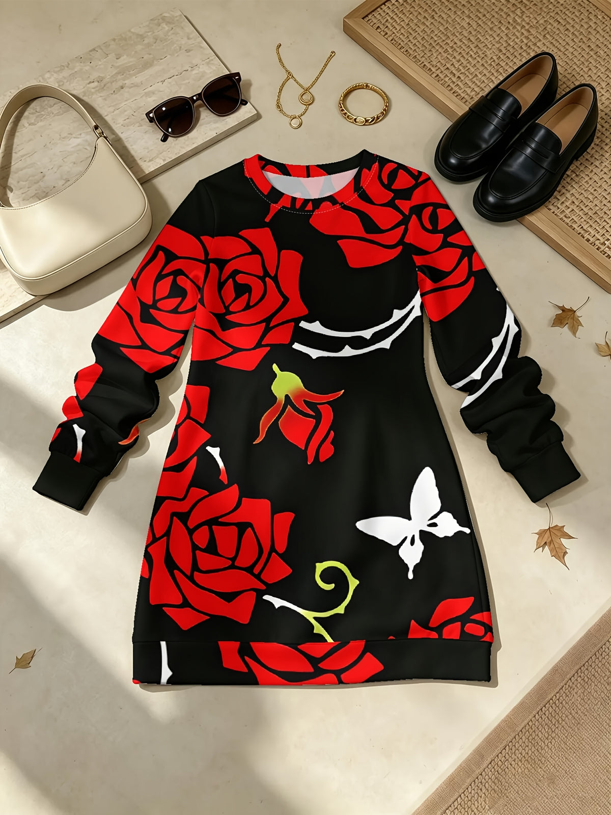 Red Rose Vine Women's Full-Body Print Maxi Dress with Lace Crew Neck - A-Line Straight Hem Long Sleeve Dress Suitable for Commuting, Home, Dating &, Fall/Winter Dress, Hand Washable Non- Traditional Outfit - Multicolor