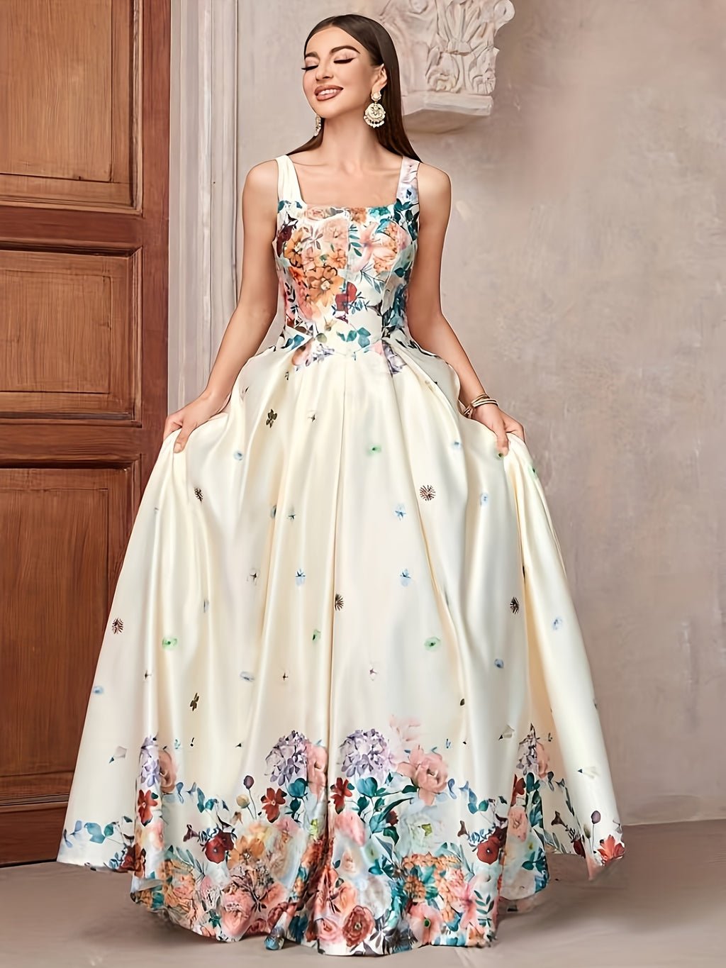 Women'S Dress Elegant Floral Print Evening Gown Suitable for Parties - Apricot