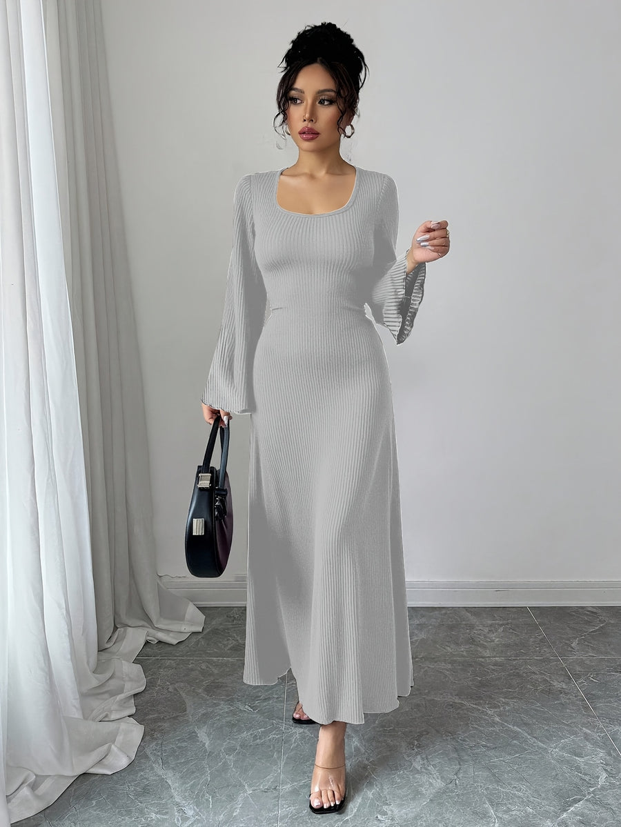Women'S Solid Ribbed Flared Sleeve Back Tie Traditional Long Dress Elegant Long Dress - Light Grey