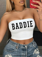 Millennium Spice "BADDIE" Printed Tube Top, Casual Tube Top, All-season Comfort, Y2K Women's Dress. - White