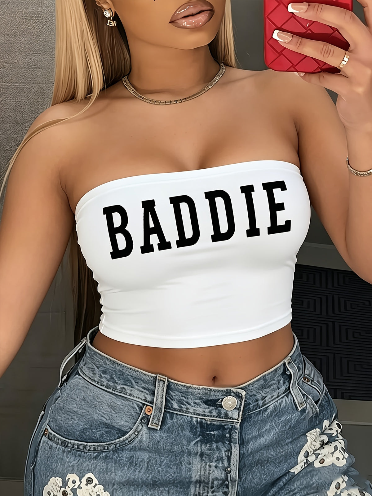 Millennium Spice "BADDIE" Printed Tube Top, Casual Tube Top, All-season Comfort, Y2K Women's Dress. - White
