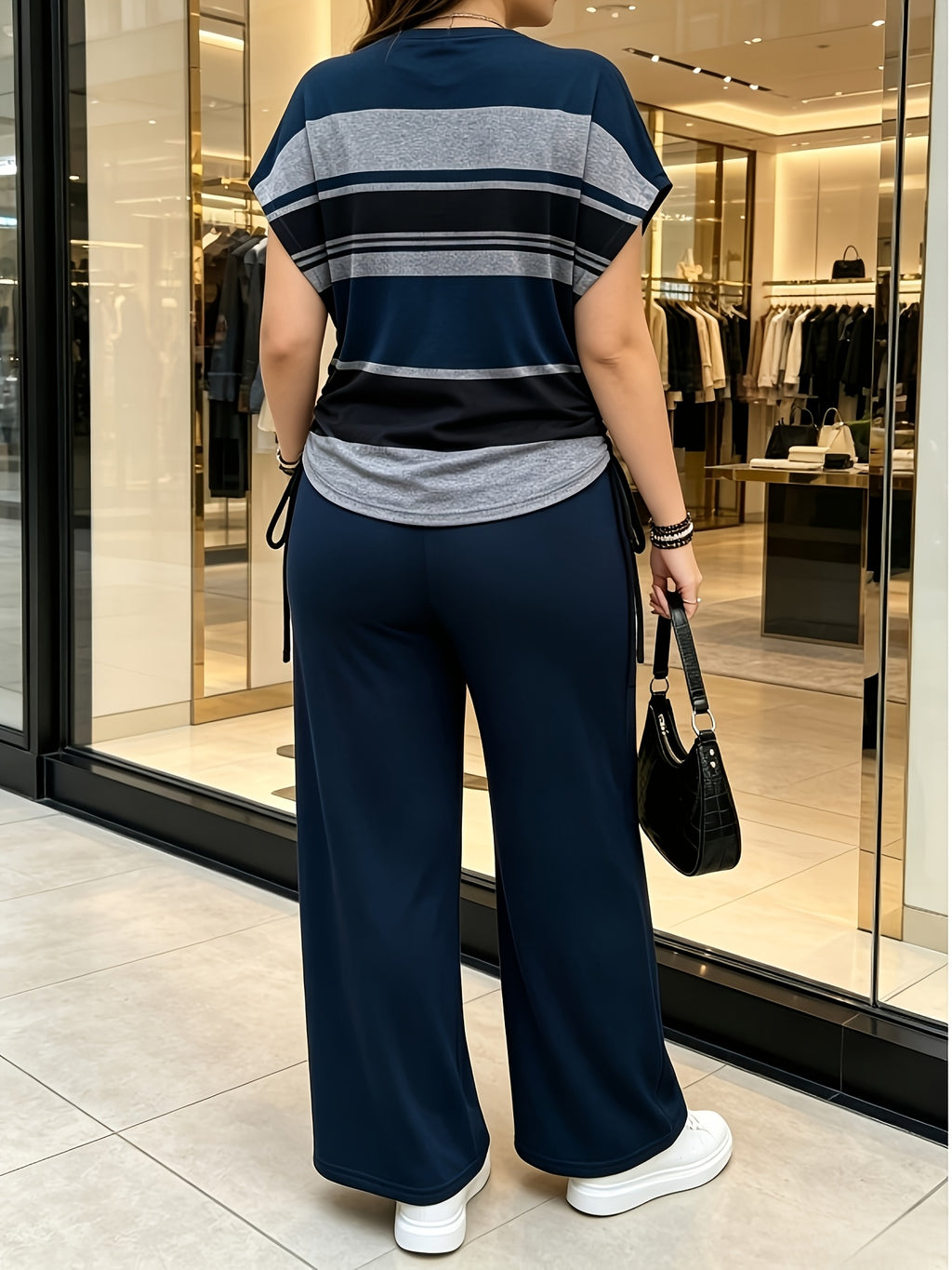 Ladies Two-Piece Set - Casual Minimalist Vacation Style Two-Piece Set - Red And Blue Stripe Design, Suitable for Summer And Autumn Transition Wear, Bow Side Drawstring - Mixed Color 4