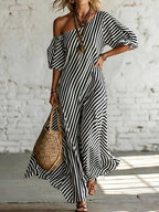 Women'S Elegant Asymmetrical Shoulder Stripe Long Dress, Summer Bohemian Vacation Loose Short Sleeve Maxi Skirt - Mixed colors
